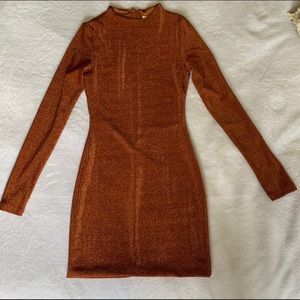 Orange shimmer long sleeve midi dress. Meshkie!